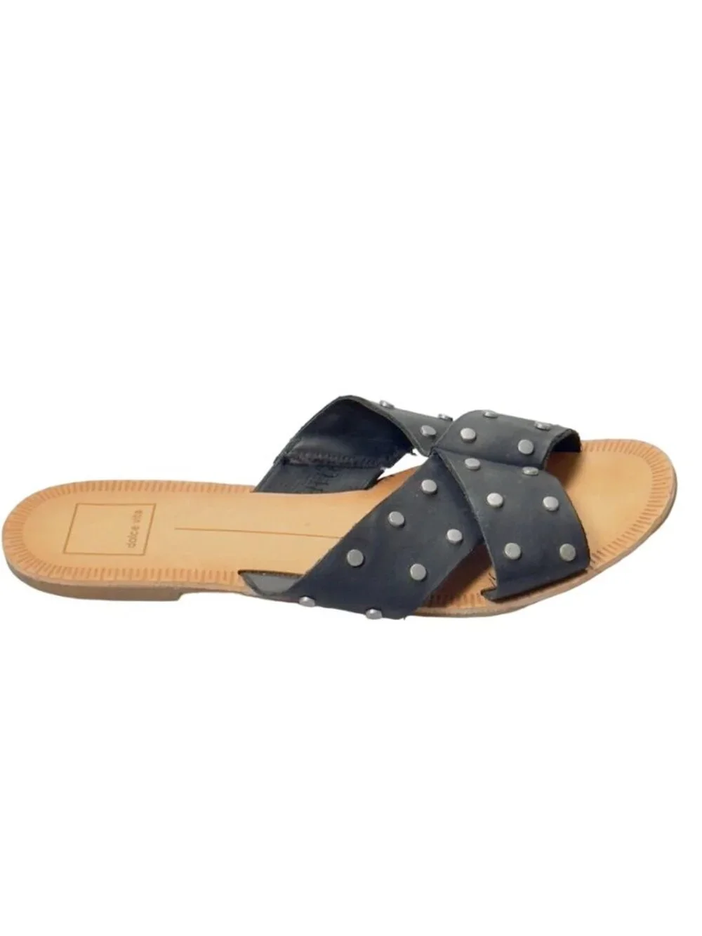 DOLCE VITA Women's Cary Black Studded Leather Cross Strap Sandals Flats Size 7M